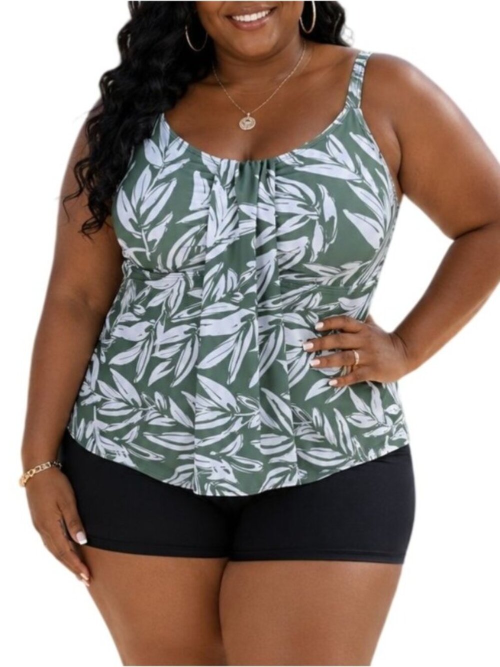 Septangle Plus Size 18W Tankini Set Two Piece Floral Olive Adjustable Straps